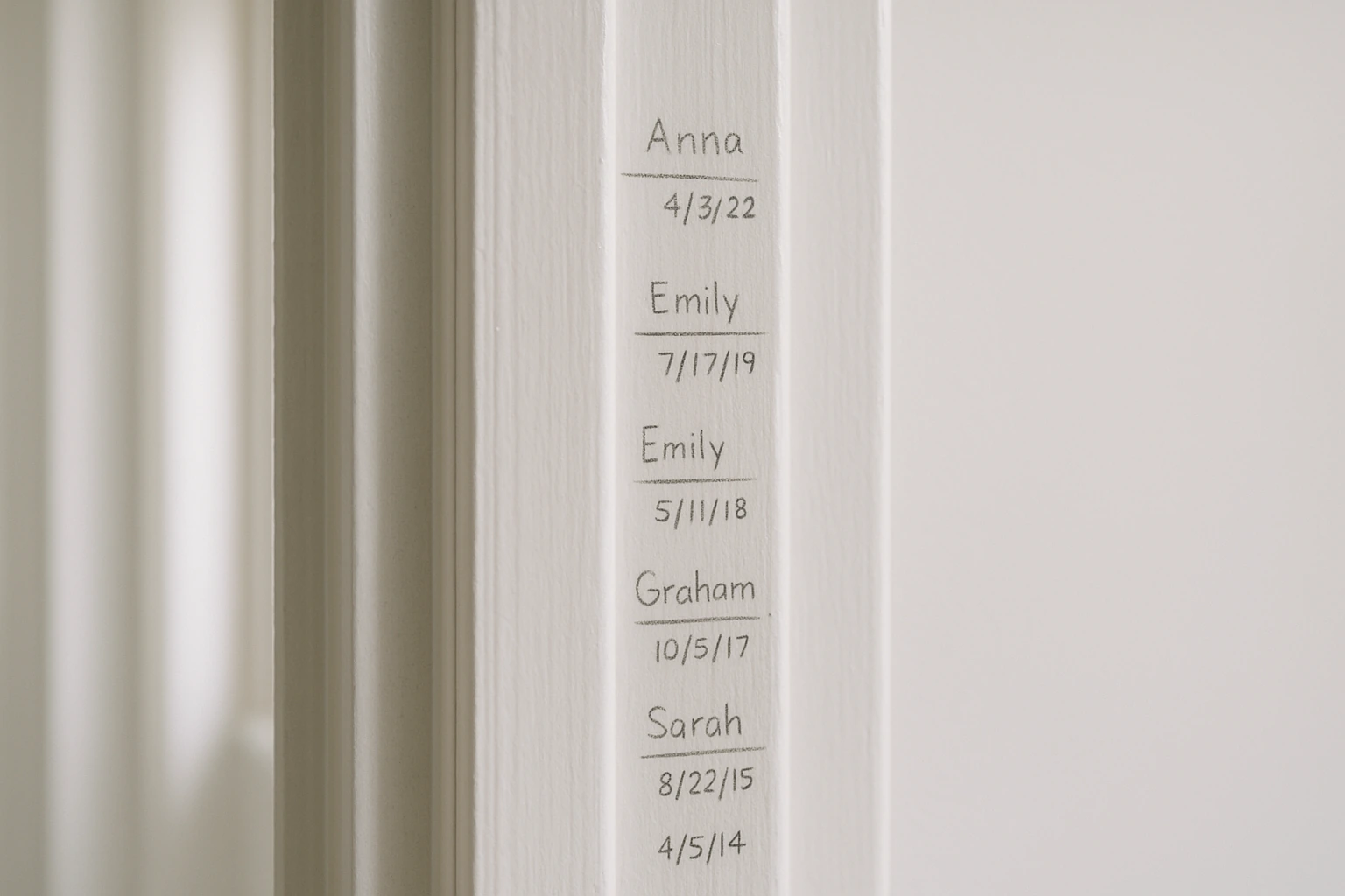 Pencil height marks on a white painted doorframe, each ruled straight and dated.